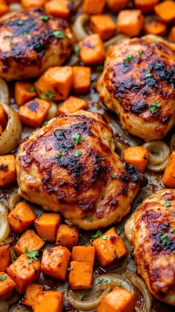 BBQ chicken thighs with sweet potatoes and onions on a sheet pan.