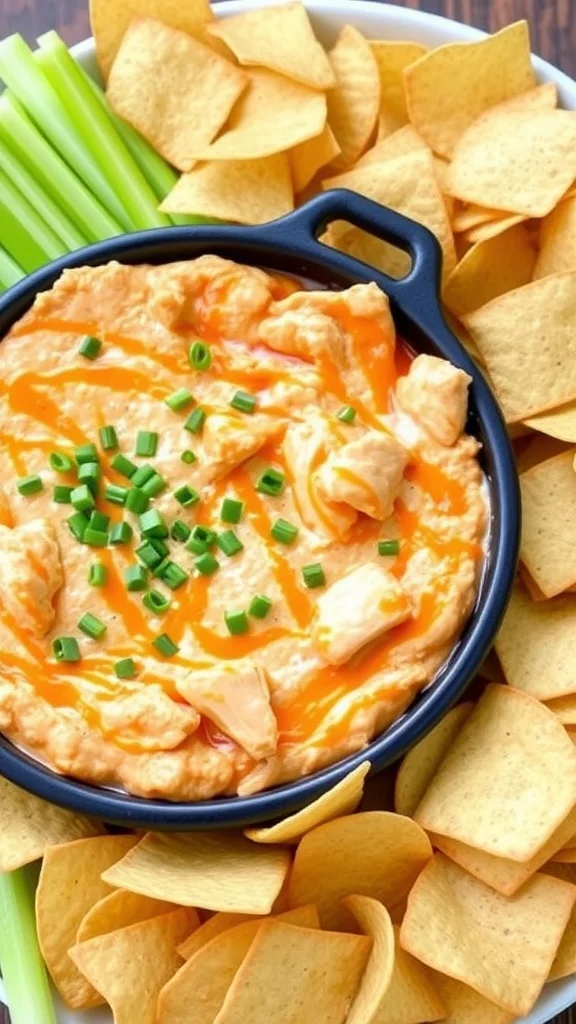 Buffalo chicken dip served in a black bowl surrounded by tortilla chips and celery sticks.