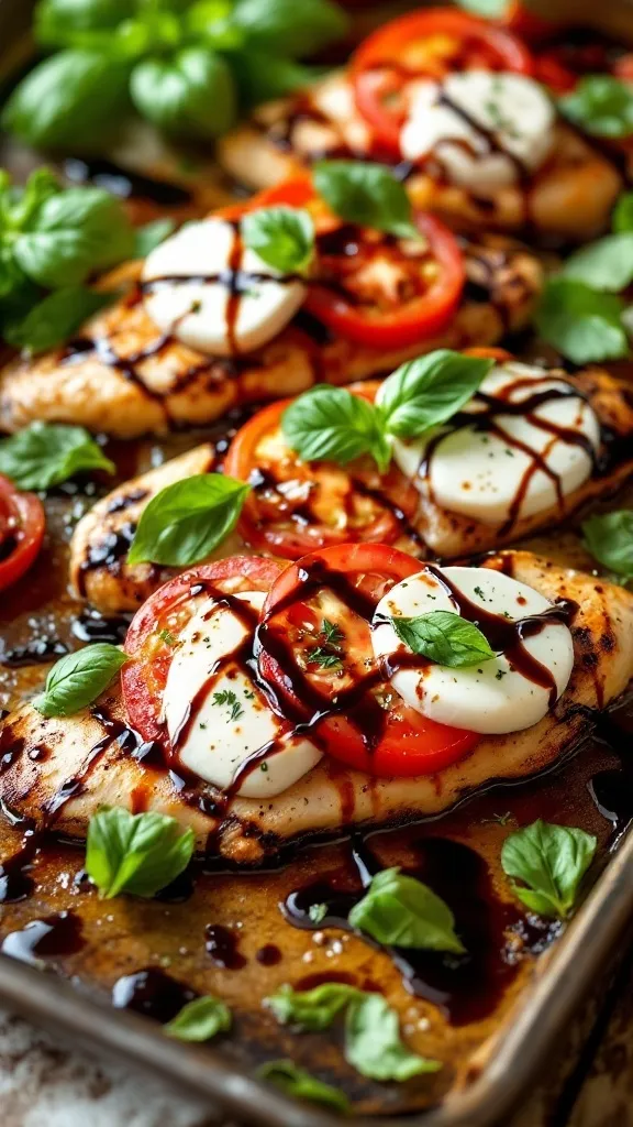 This Caprese Chicken Sheet Pan Dinner is a simple way to bring a taste of Italy to your weeknight meals. Juicy chicken breasts are topped with fresh tomatoes, mozzarella, and aromatic basil, all drizzled with balsamic glaze for extra flavor. Just pop everything on a baking sheet, and in no time, you'll have a delicious dinner that looks as good as it tastes!

