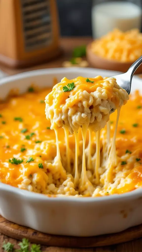 A cheesy chicken and rice casserole with melted cheese and fresh parsley on top.