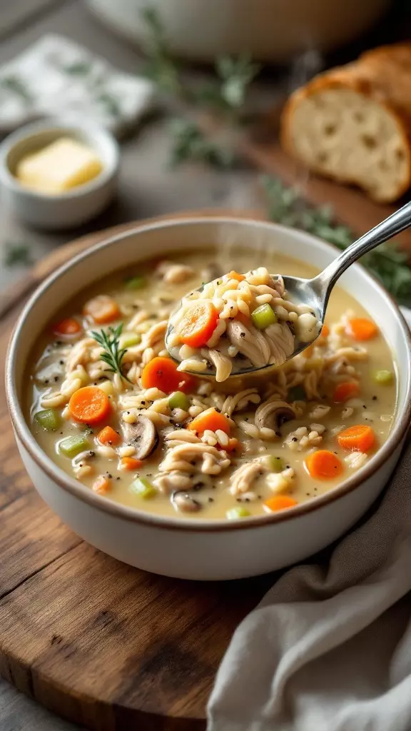 A bowl of chicken and wild rice soup with vegetables and noodles, garnished with fresh herbs.