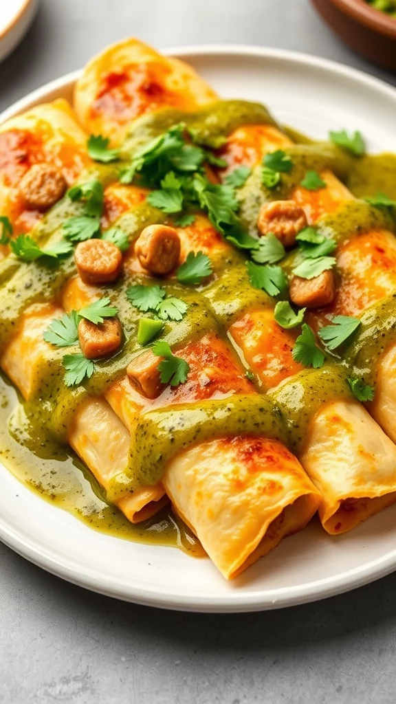 These chicken enchiladas are a fun and tasty way to use leftover rotisserie chicken. Wrap the chicken in tortillas, smother them in green sauce, and let the oven do its magic. Serve with a sprinkle of fresh cilantro for a burst of flavor!