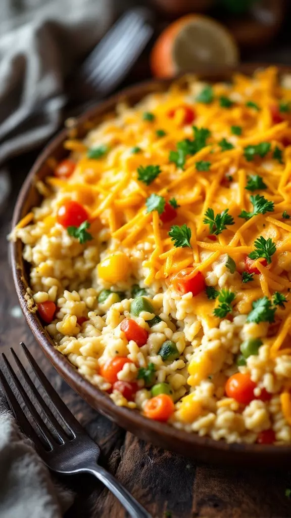 A delicious chicken and rice casserole topped with melted cheese and colorful vegetables.