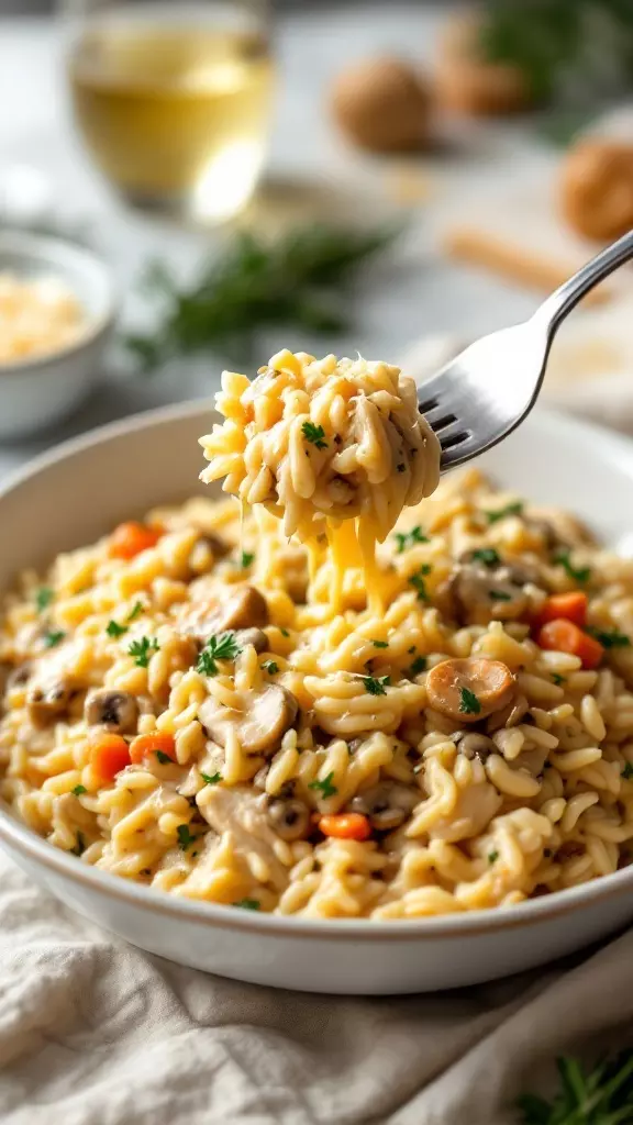 A bowl of creamy chicken and rice with vegetables garnished with herbs.