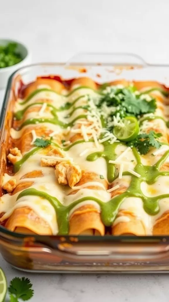 A dish of creamy chicken enchiladas topped with green sauce, cheese, and cilantro.