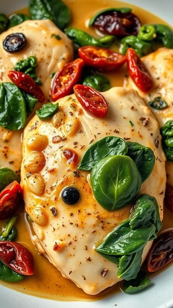 Delicious creamy Tuscan chicken with spinach and sun-dried tomatoes in a slow cooker.