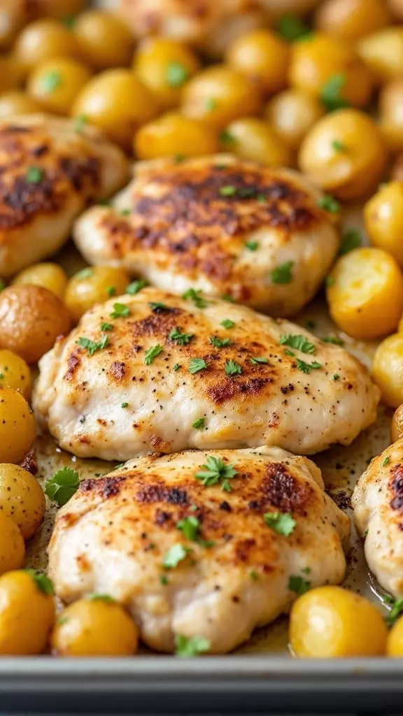 Crispy ranch chicken thighs with baby potatoes on a sheet pan