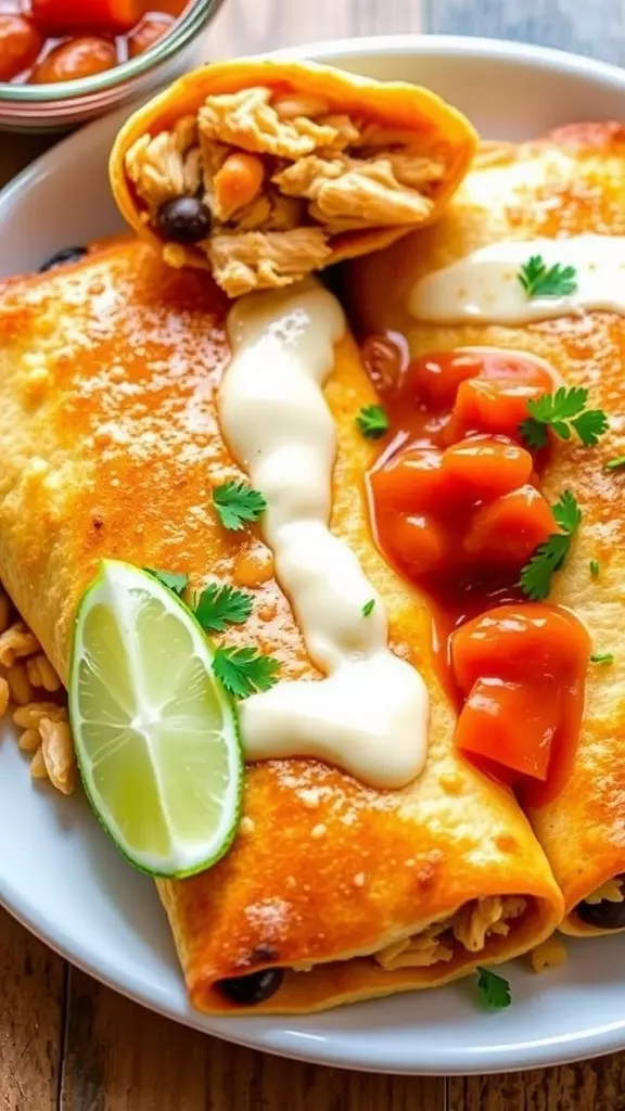 Plate of crispy shredded chicken chimichangas garnished with lime and toppings.