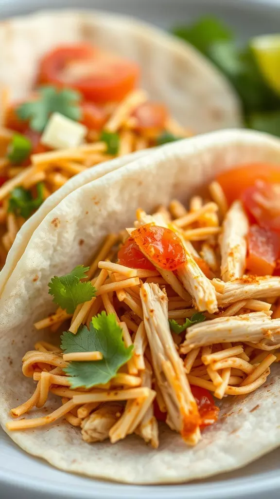 Delicious chicken tacos made in a crockpot with fresh toppings.