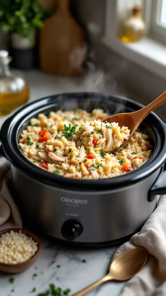 A crockpot filled with chicken and rice, topped with colorful vegetables and herbs.