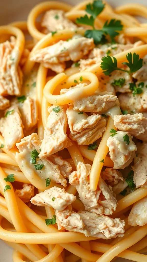 A close-up view of garlic parmesan chicken pasta with shredded chicken and garnished with parsley.