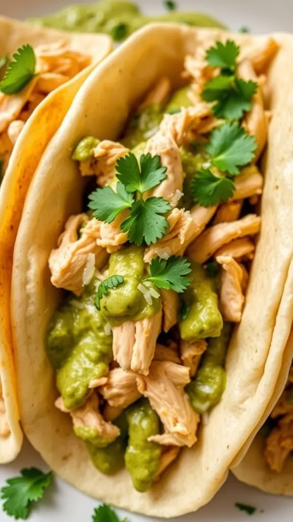 Deliciously creamy chicken enchiladas with green sauce, topped with cilantro.