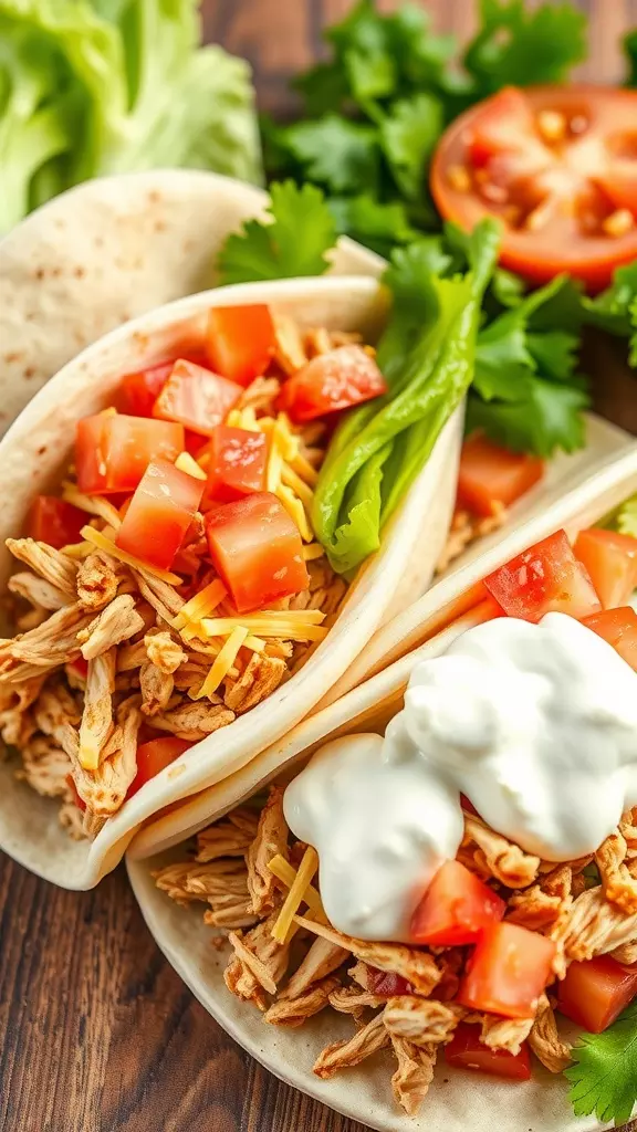 Two tacos filled with shredded chicken, tomatoes, cheese, and garnished with lettuce and cilantro.