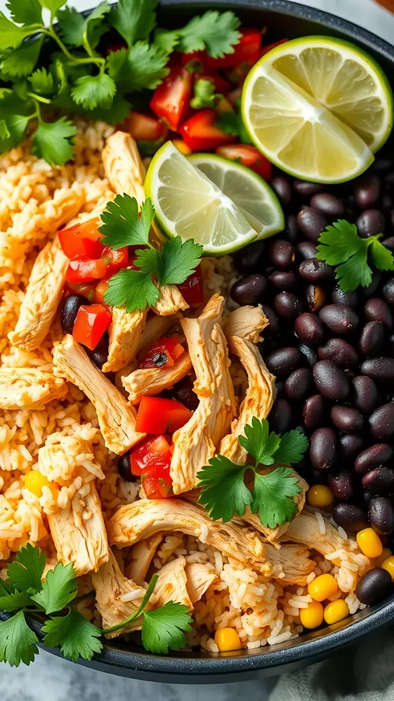 A vibrant Mexican chicken burrito bowl with shredded chicken, black beans, rice, and fresh toppings.