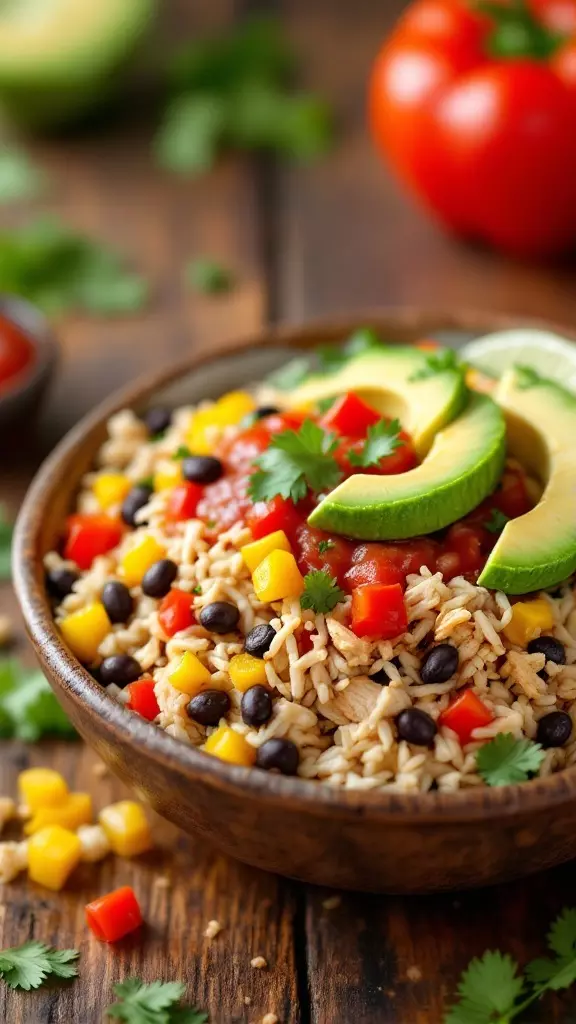 A bowl of Mexican Chicken Burrito Bowl filled with rice, black beans, diced bell peppers, avocado slices, and salsa.