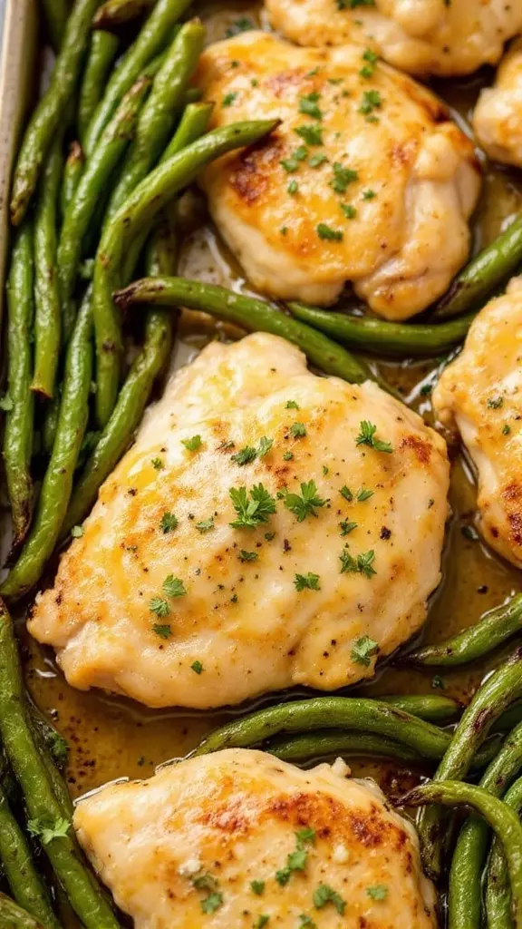 Garlic butter chicken thighs with green beans on a sheet pan