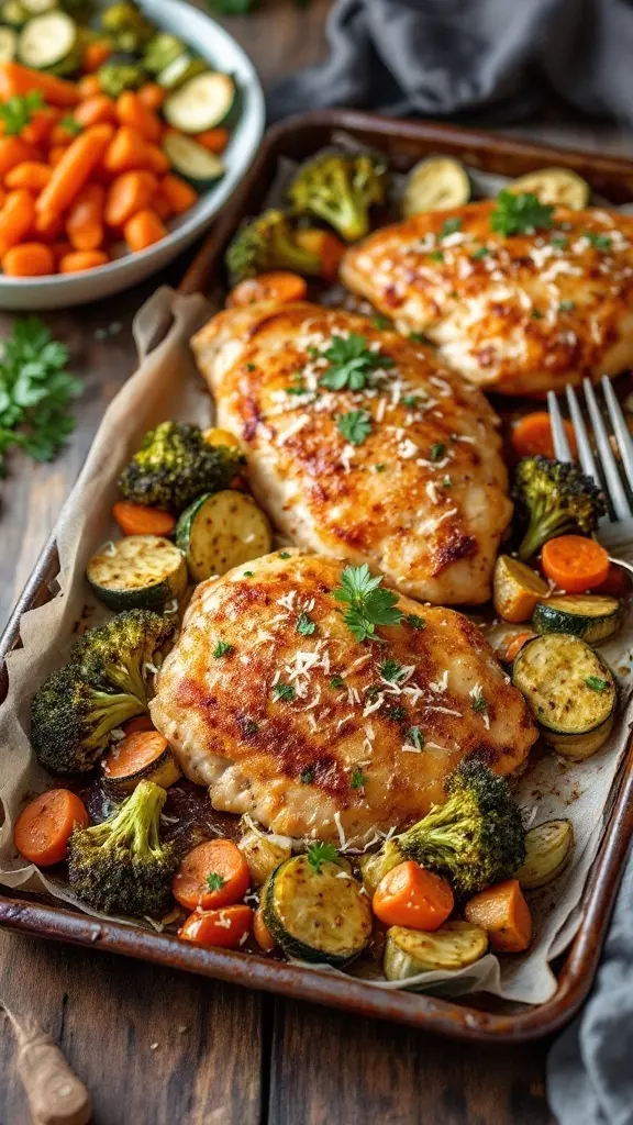 This Garlic Parmesan Chicken & Veggie Sheet Pan Dinner is simple and satisfying. Just toss everything on a tray and let the oven do the work while you kick back. This recipe will become a firm favorite!