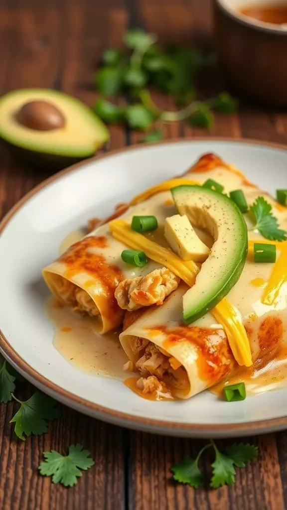 These green chile chicken enchiladas are a tasty way to enjoy rotisserie chicken. The creamy sauce pairs perfectly with the spicy green chiles, making every bite delicious. Top with avocado and cheese for an extra treat!