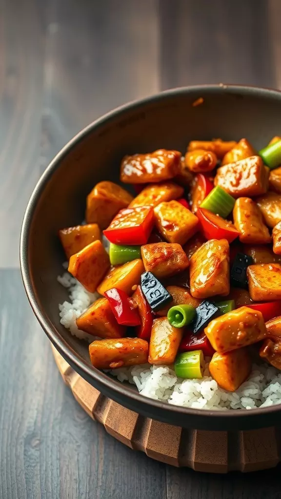 A bowl of honey garlic chicken stir-fry with colorful vegetables served over rice.