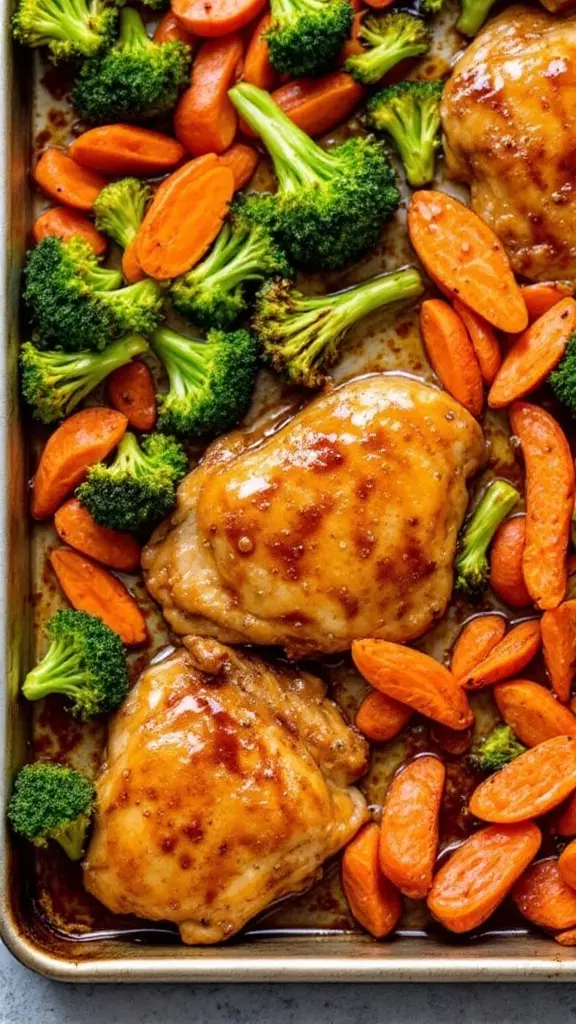 Sheet pan with honey garlic chicken thighs, broccoli, and carrots