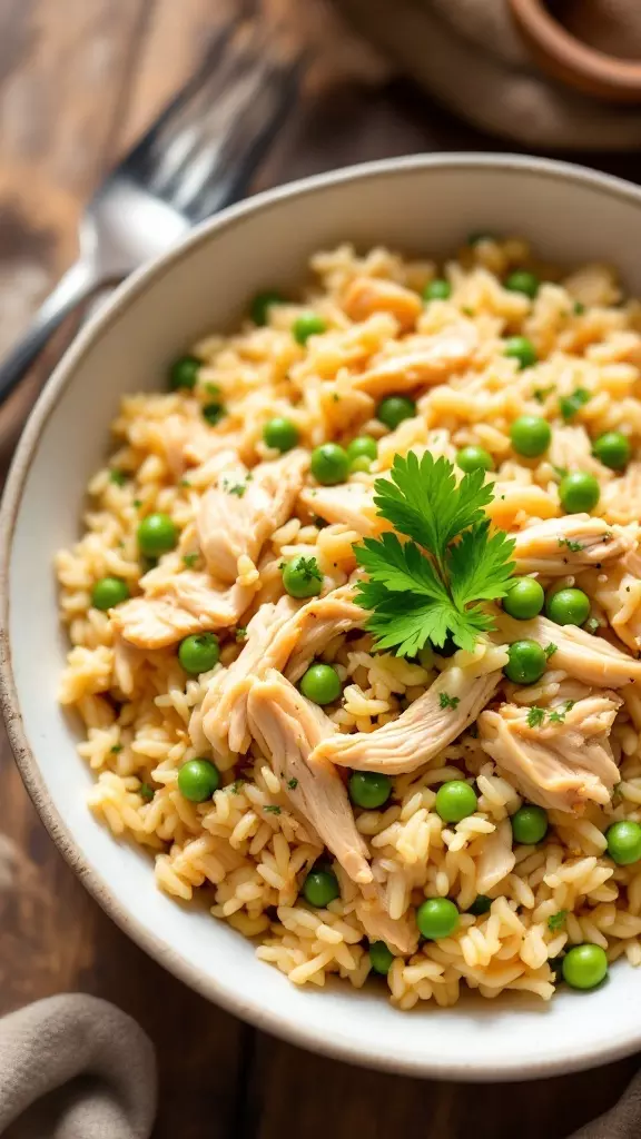 A bowl of Instant Pot Chicken and Rice with green peas and garnished with parsley.