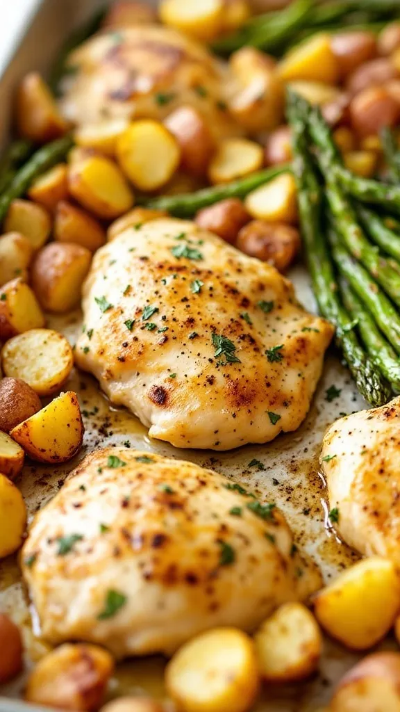 This Lemon Herb Chicken Thighs with Asparagus and Potatoes is a fresh, bright, and hearty one-pan meal that’s perfect for any night of the week. Juicy, golden-browned chicken thighs roast with crispy baby potatoes and tender asparagus, all coated in a zesty lemon herb marinade for maximum flavor. Simple, delicious, and incredibly easy!