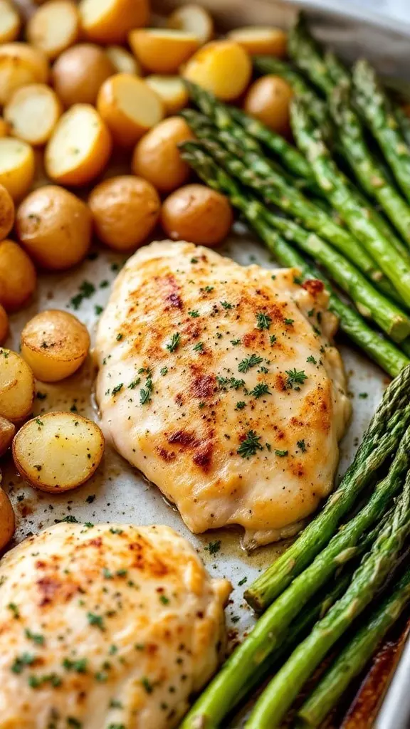 Lemon herb chicken thighs with asparagus and potatoes on a sheet pan.