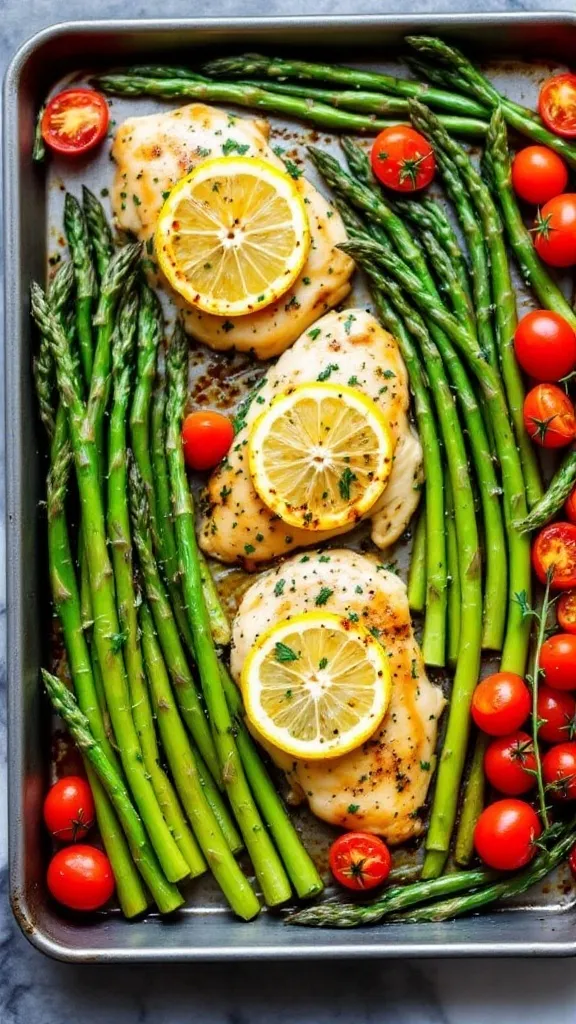 This lemon herb chicken dish is simple and quick to prepare, making it a go-to for busy nights. The fresh asparagus and cherry tomatoes add a burst of color and flavor, making dinner feel special without extra effort. Just toss everything on a sheet pan, and let the oven do the work!