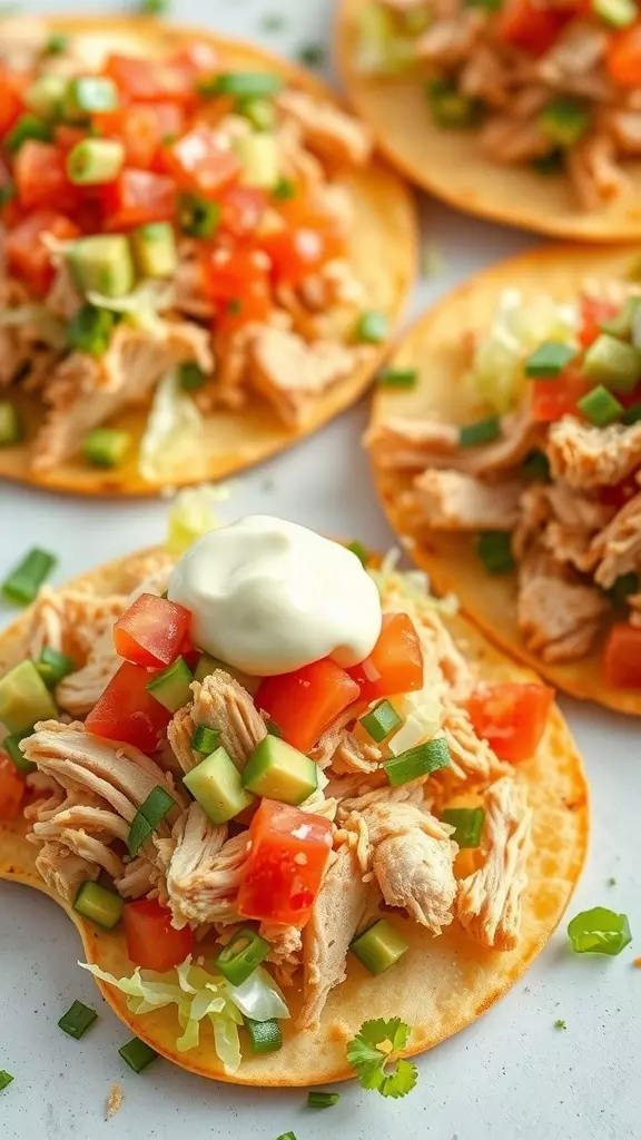 Delicious loaded shredded chicken tostadas with toppings.