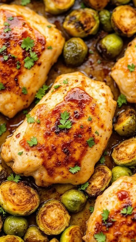 Sheet pan meal featuring Maple Dijon chicken thighs and Brussels sprouts