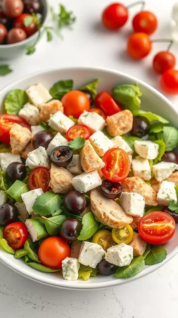 This Mediterranean chicken salad is a fresh and tasty option for dinner. Loaded with juicy rotisserie chicken, crisp greens, and colorful veggies, it's a meal everyone will enjoy. Toss in some feta and olives for an extra burst of flavor!