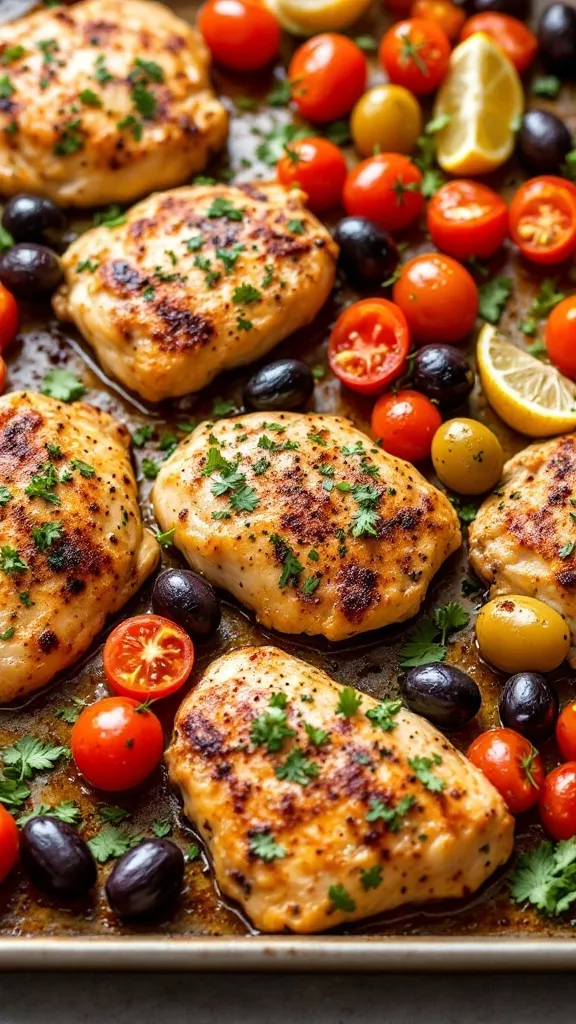 This Mediterranean Chicken Thighs with Olives and Cherry Tomatoes is a flavor-packed, one-pan meal that brings bright, fresh flavors to your dinner table. Juicy, golden-browned chicken thighs roast alongside briny olives, sweet cherry tomatoes, and fragrant herbs, creating a dish that’s both simple and elegant. It’s an easy way to enjoy the bold, savory flavors of the Mediterranean without the extra effort!