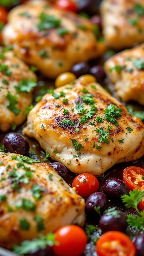 A close-up of golden-brown chicken thighs with olives and cherry tomatoes on a sheet pan.