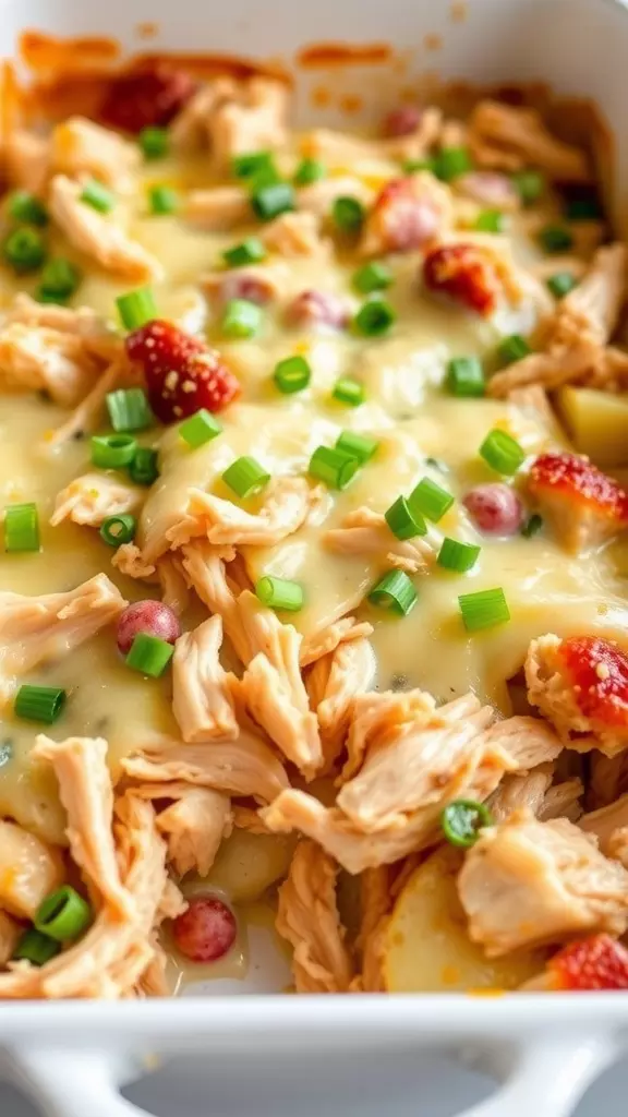 A close-up of a cheesy casserole featuring shredded chicken and potatoes, topped with green onions.