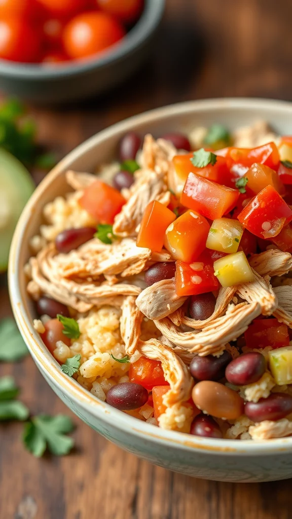 A delicious bowl of shredded chicken with rice, black beans, and fresh toppings.