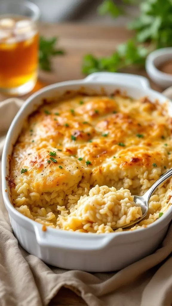 A creamy No Peek Chicken and Rice Casserole in a baking dish with a spoonful taken out.