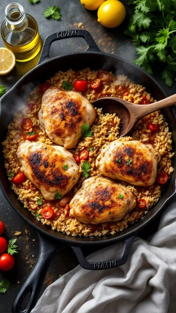 A delicious one pot chicken and rice dish with chicken thighs, rice, and cherry tomatoes in a skillet.