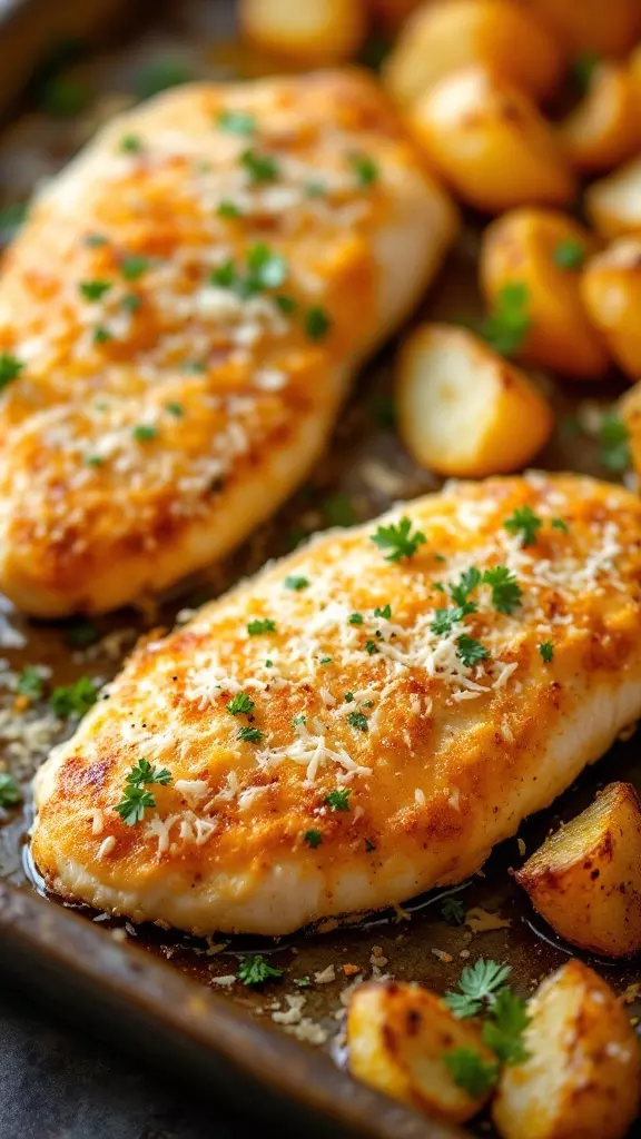 This Parmesan crusted chicken and potatoes recipe is a total winner for dinner. The chicken gets a crispy topping, while the potatoes roast to perfection alongside. It's an easy meal that everyone will love!