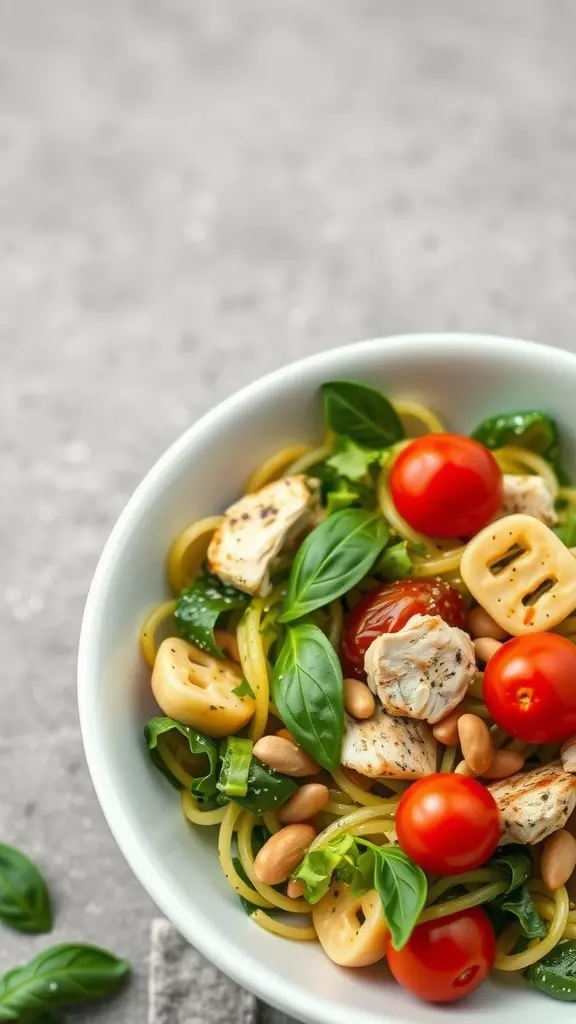 A bowl of pesto chicken pasta salad with rotisserie chicken, cherry tomatoes, and fresh basil.