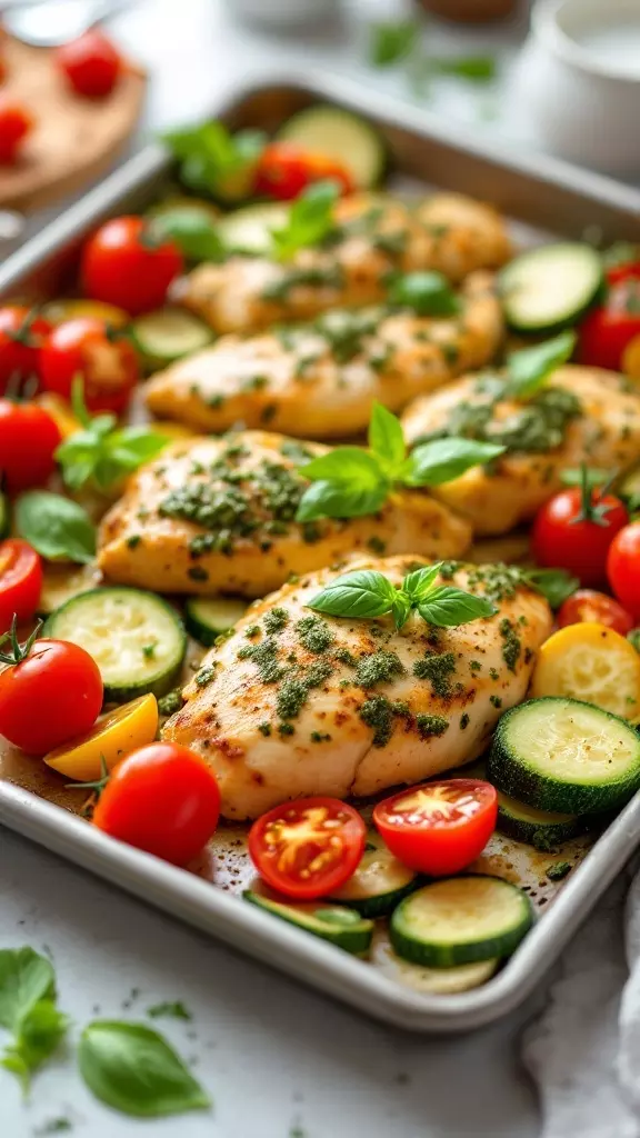 Pesto chicken with zucchini and cherry tomatoes is a fun and easy dinner option for busy evenings. Just toss everything on a sheet pan, and let the oven do all the work. This one tastes so good!