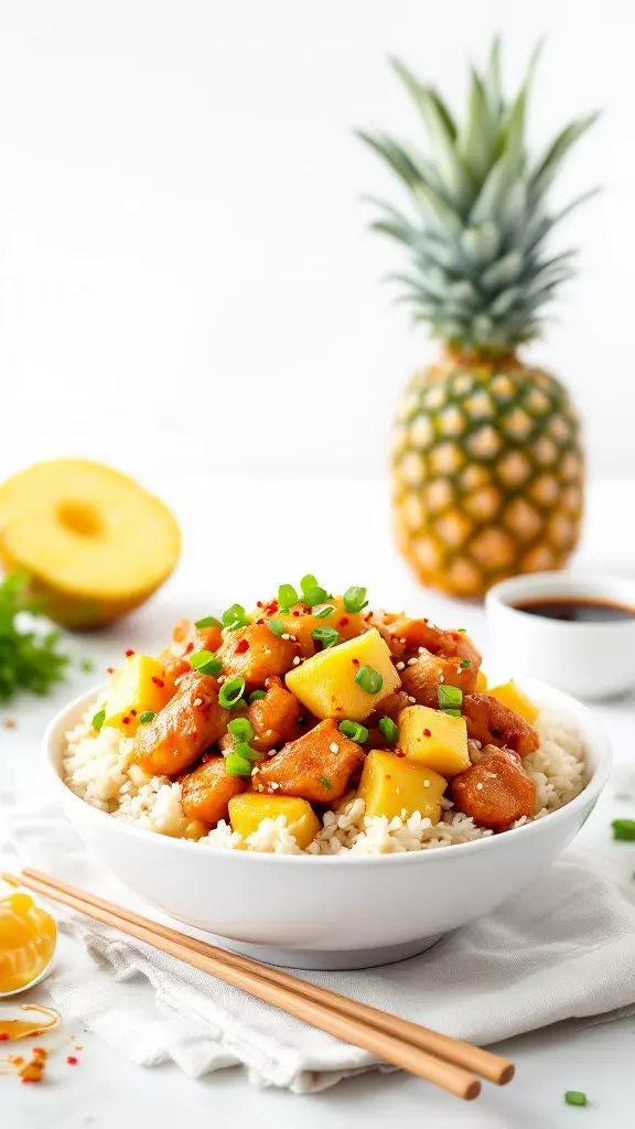 A bowl of Pineapple Chicken and Rice topped with green onions and red pepper flakes, with a pineapple in the background.