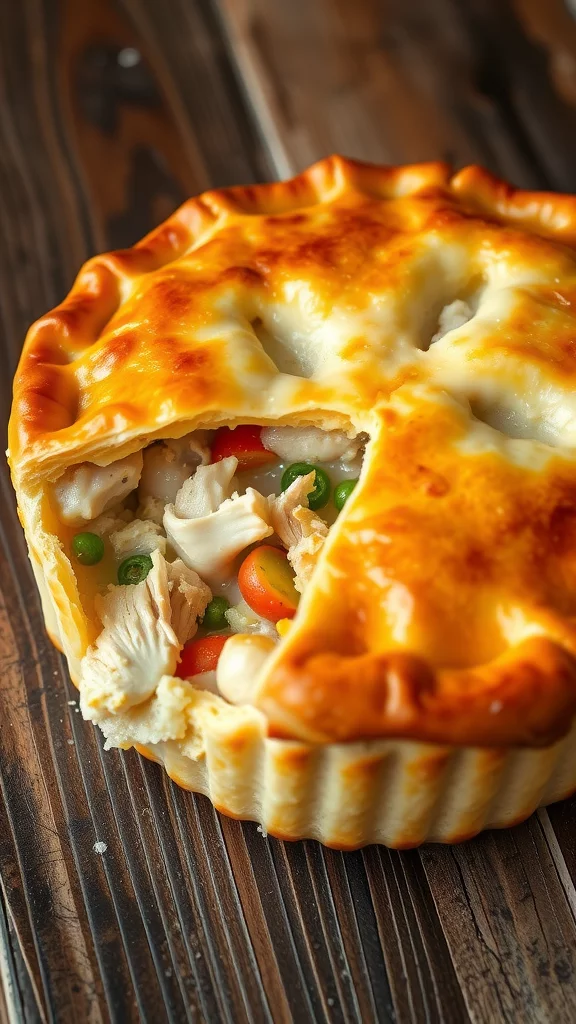 This chicken pot pie features a rich, creamy filling made with tender rotisserie chicken, hearty vegetables, and fragrant herbs, all encased in a buttery, flaky crust. It’s warm, satisfying, and bursting with flavor, making it a beloved dish for any occasion.