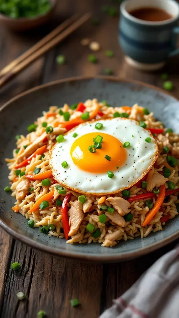 A plate of chicken fried rice topped with a sunny-side-up egg.