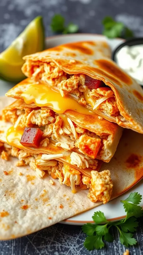 Delicious shredded chicken quesadillas with melted cheese and fresh ingredients.