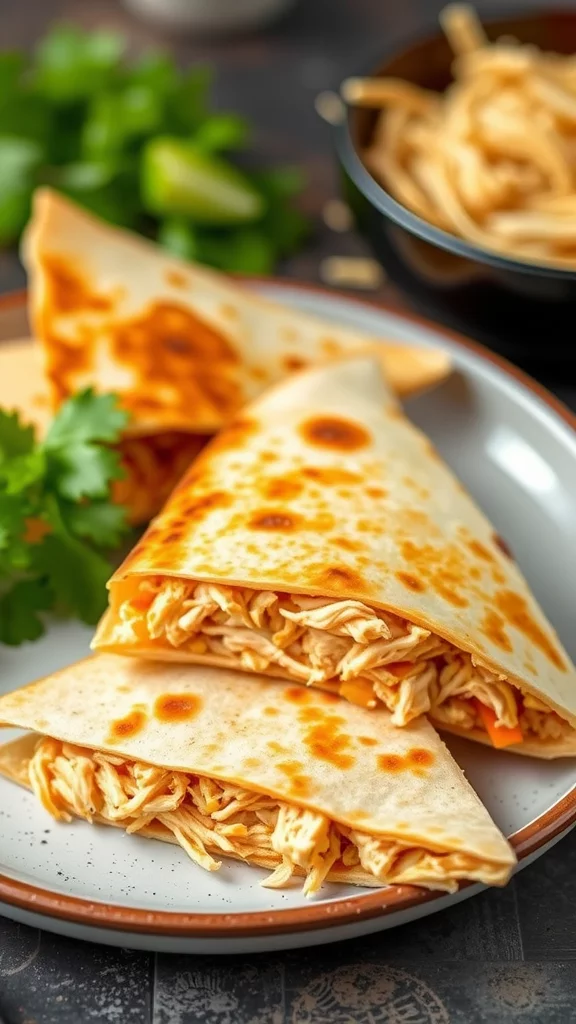 Plate of shredded chicken quesadillas with a golden-brown crust and garnished with cilantro.