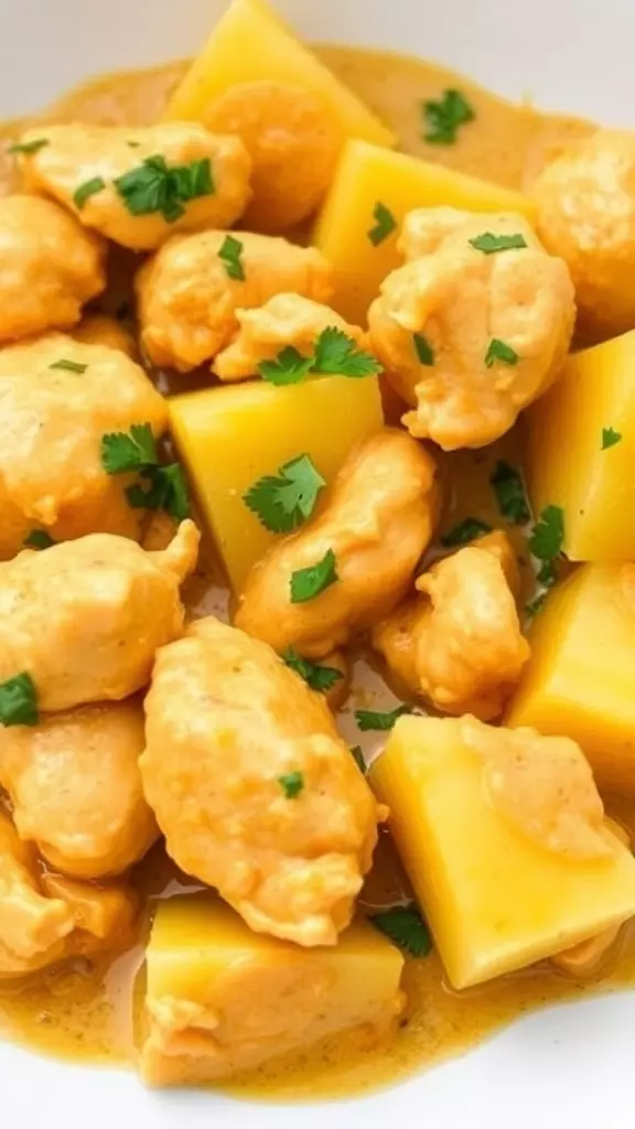 Curry pineapple chicken with chunks of chicken and pineapple pieces garnished with cilantro