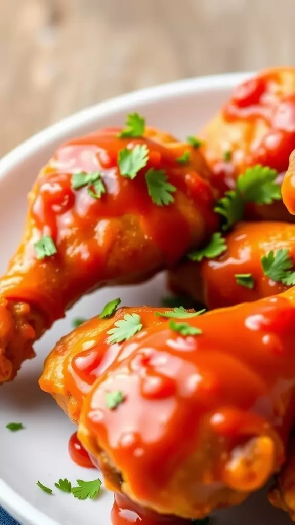 A close-up of buffalo chicken drumsticks topped with sauce and garnished with cilantro.