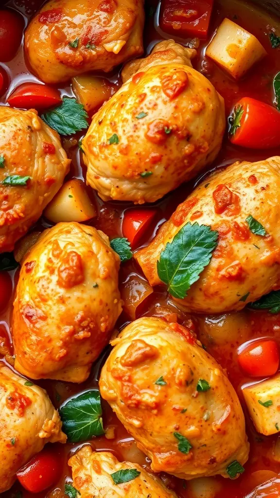 A close-up of chicken breasts cooked with tomatoes, bell peppers, and herbs in a slow cooker.