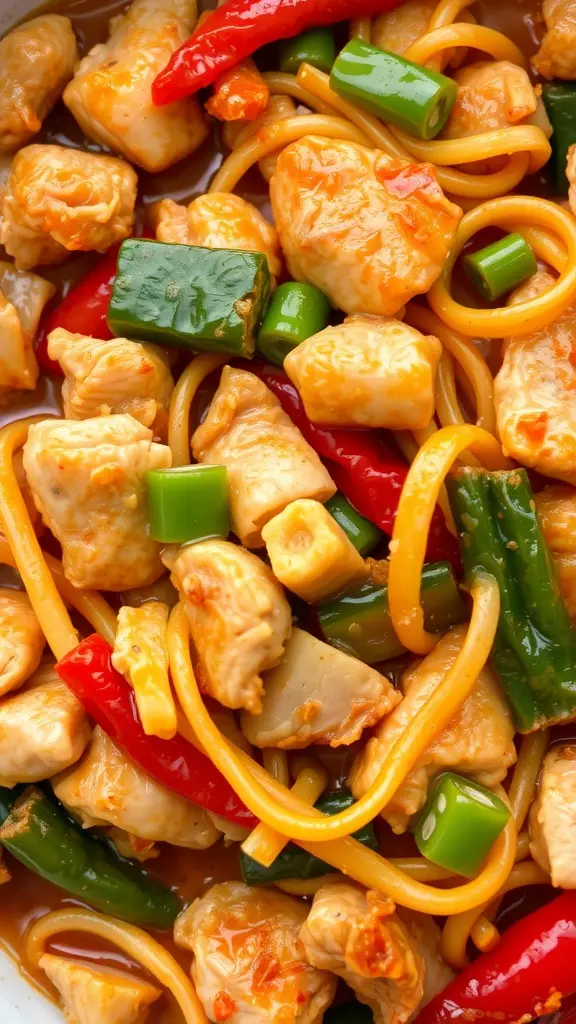 A close-up of chicken chow mein with vegetables and noodles