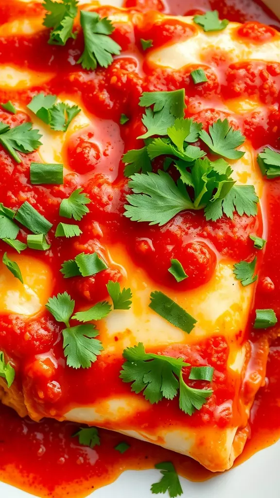 A close-up of chicken enchiladas topped with red sauce and fresh cilantro.